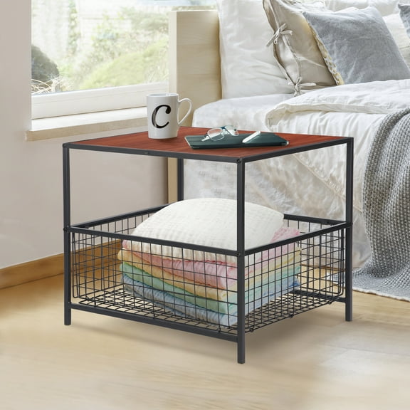 HomGarden 20'' Small Square End Table Coffee Table Sofa Side Table W/Wire Storage Basket, Red Mahogany