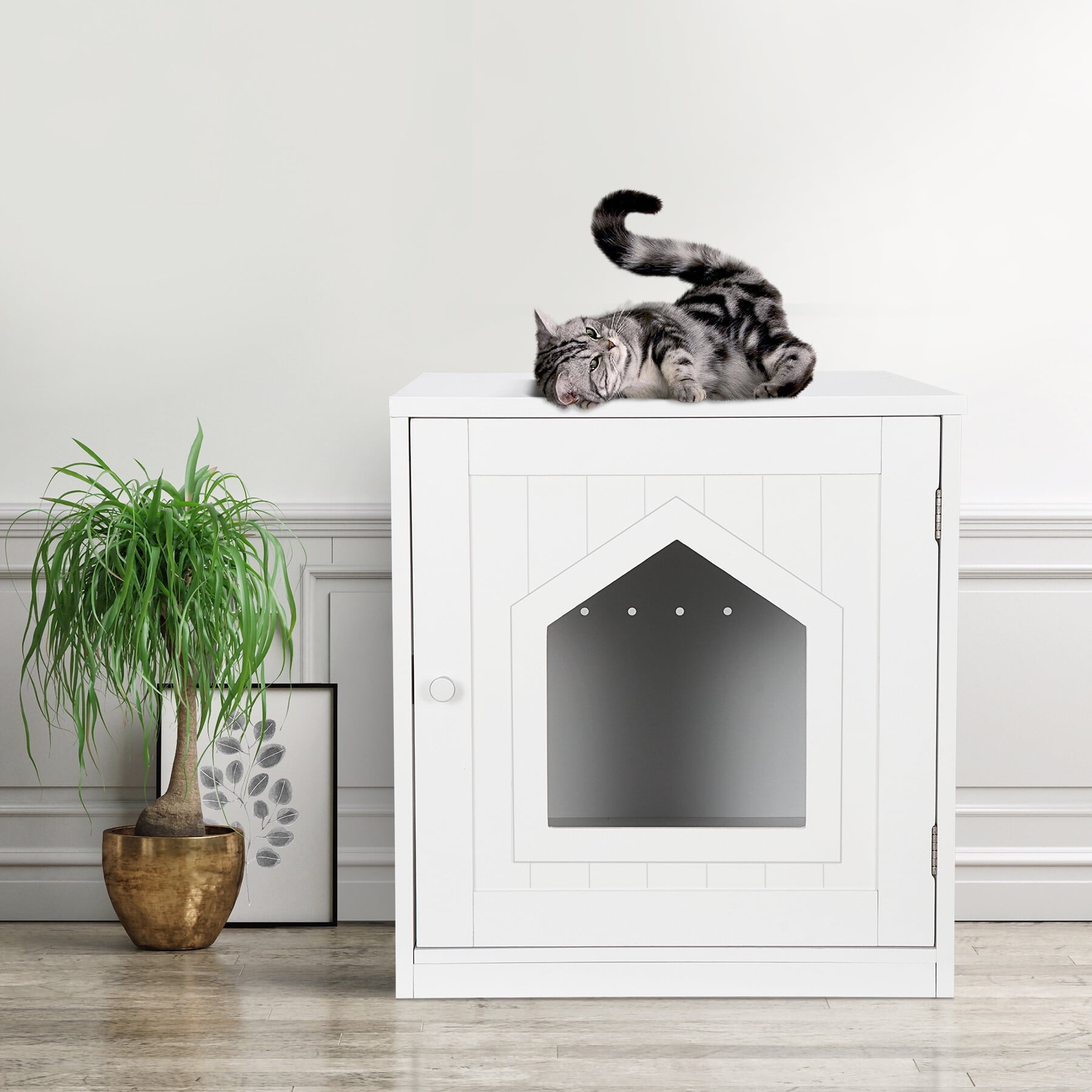 HomGarden White Cat Washroom Enclosure MDF Side Table, Hidden
