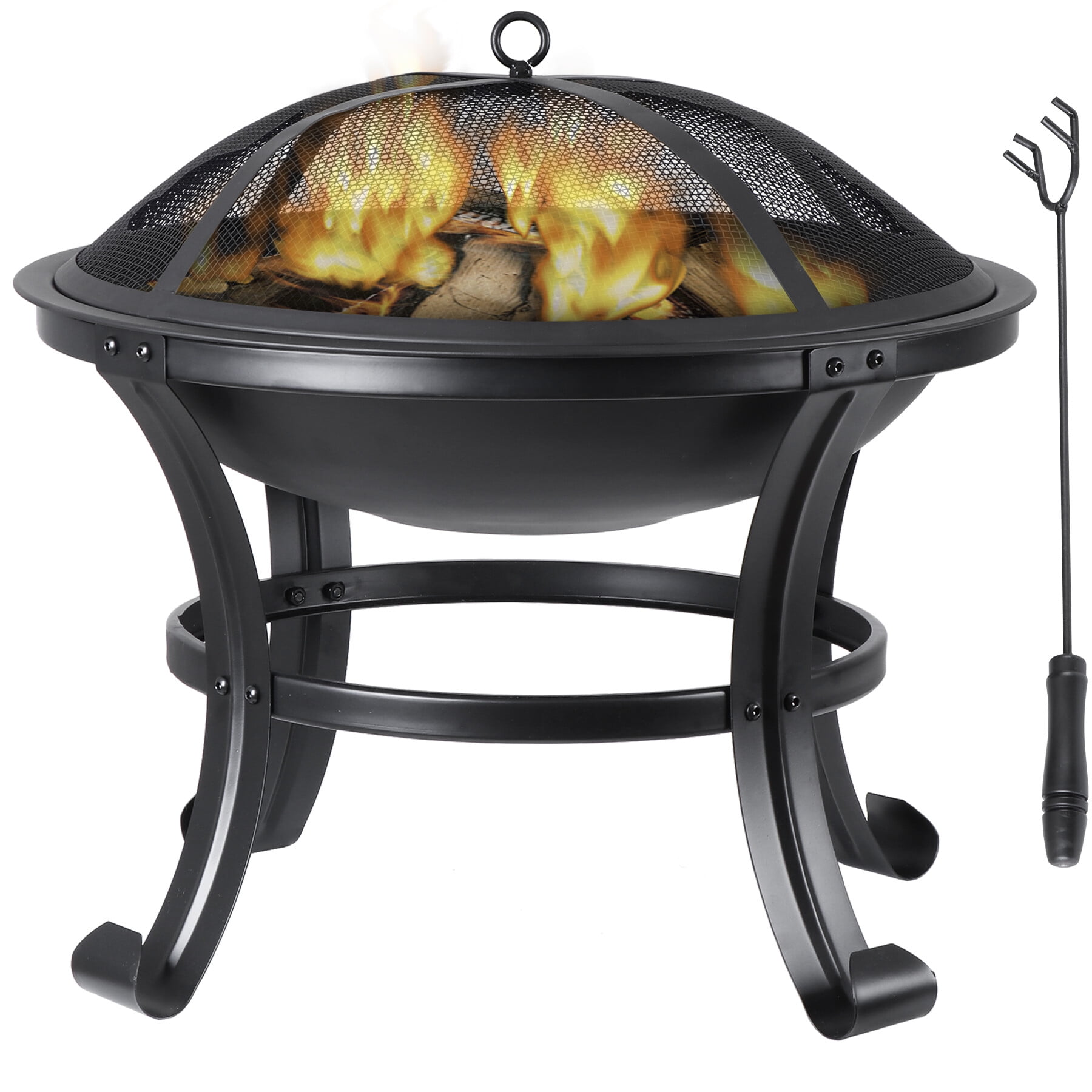 HomGarden 22 inch Portable Metal Fire Pit Outdoor Wood Burning Fire Bowl W/Screen Lid & Poker