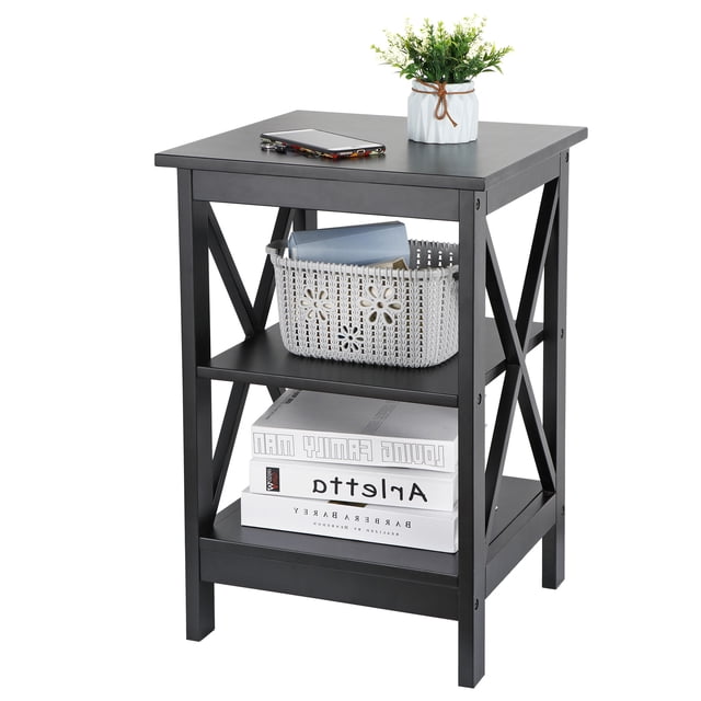 HomGarden 24" Square End Table, MDF Sofa Table 3-Tier Storage Shelf, Black