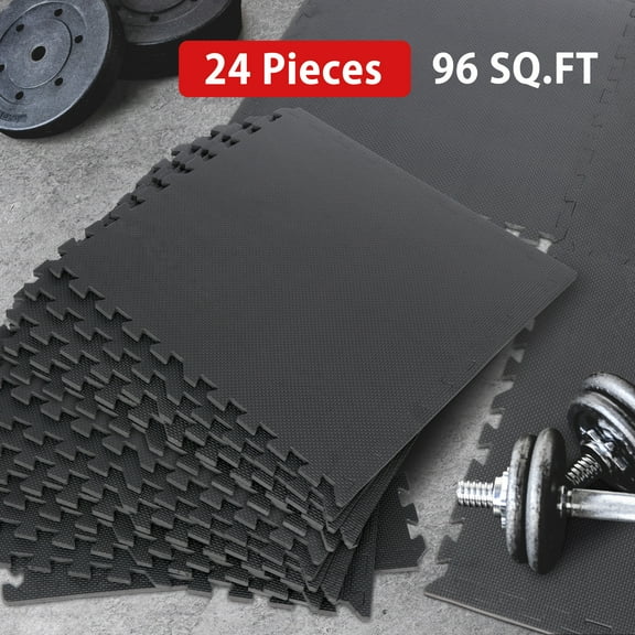 HomGarden 24Tiles Puzzle Exercise Gym Mat 0.5 in, 24'' x 24'' EVA Foam Flooring Mat Interlocking Black