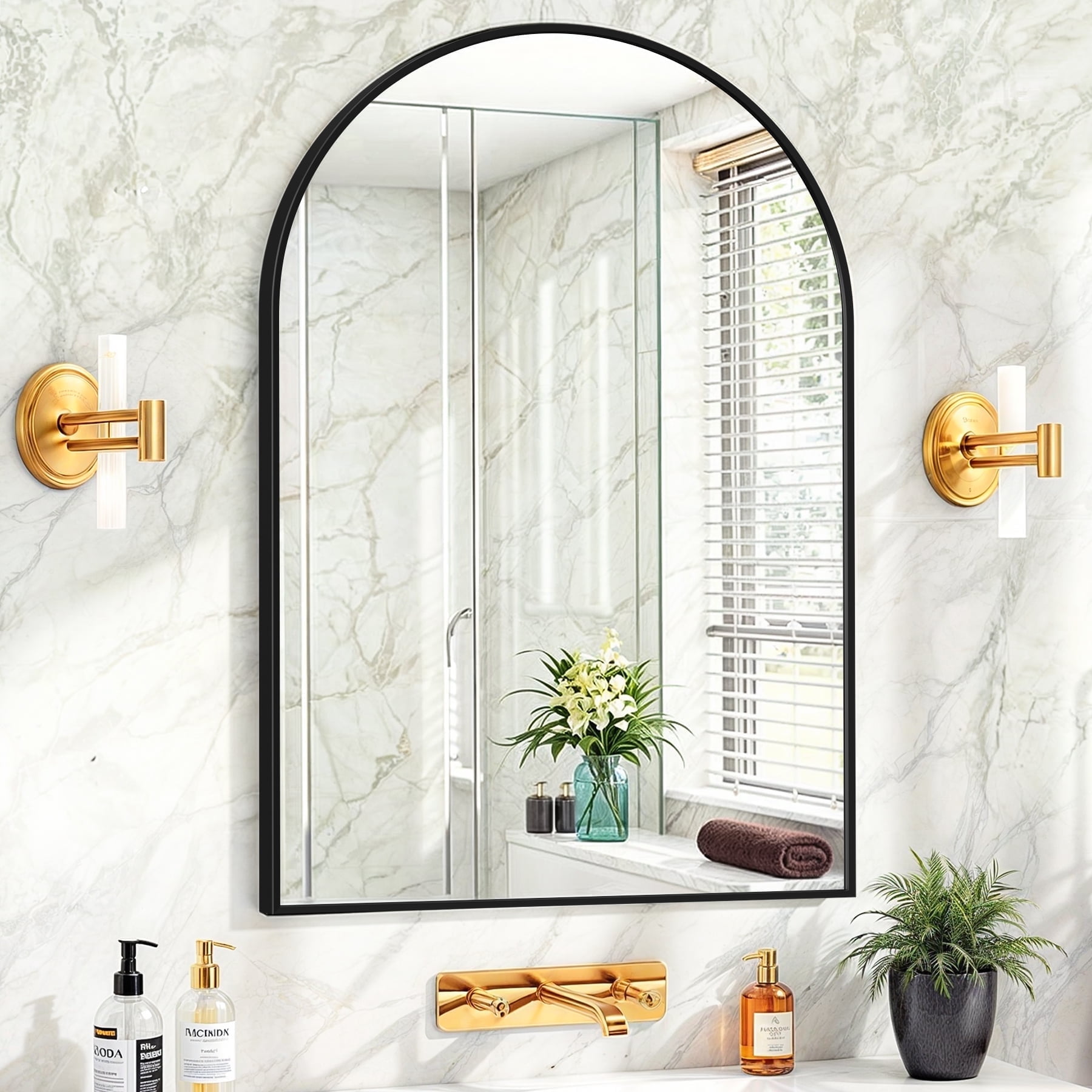 HomGarden 24x36-in Bathroom Arched Mirror Black Wall Vanity Mirror Aluminum Alloy Framed
