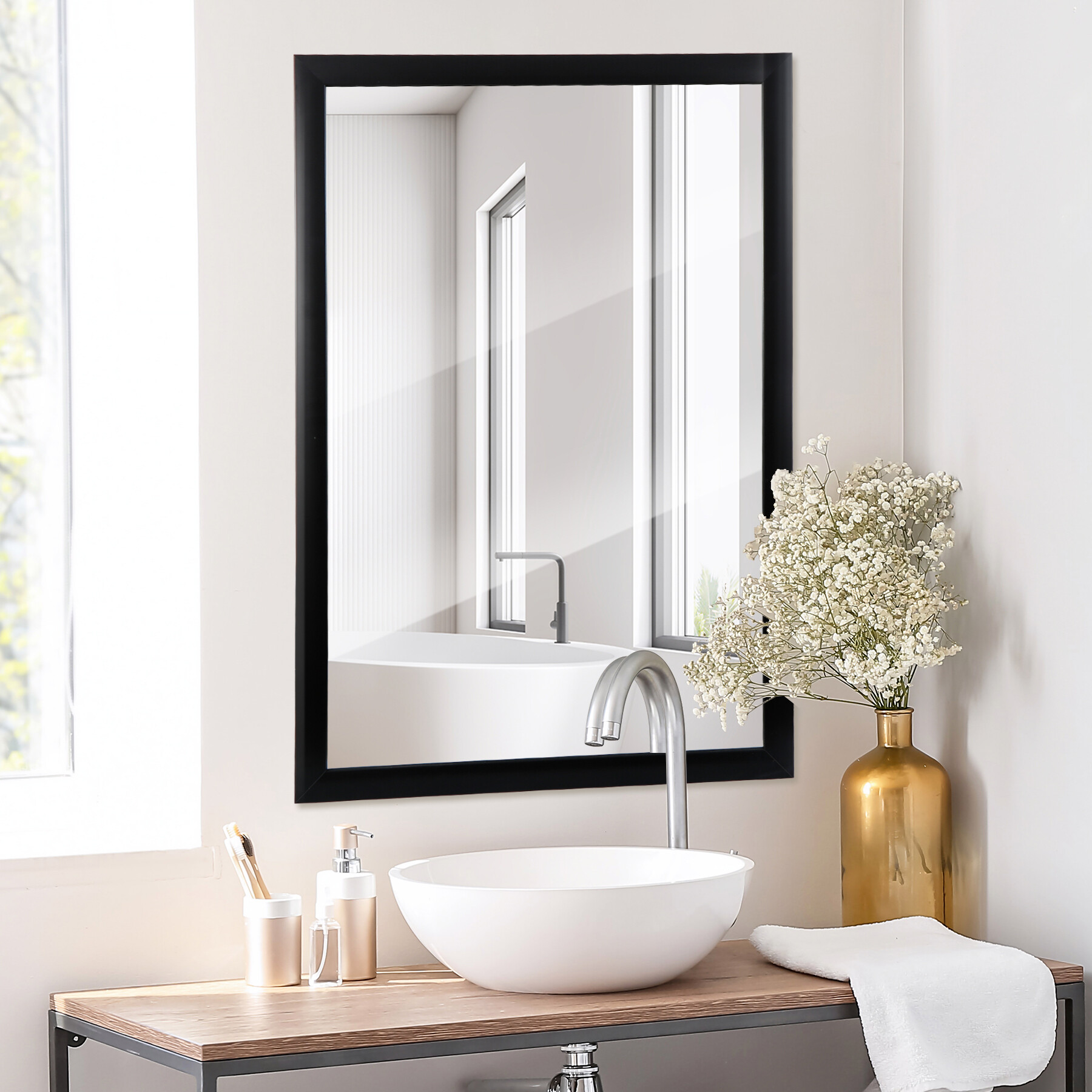 HomGarden 24x36Inch Rectangle Modern Wall Mirror Black Bathroom Vanity Mirror