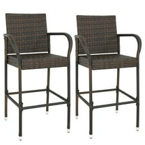 HomGarden 2PCS Wicker Bar Stool Outdoor Patio Rattan Chair W/Armrest & Footrest, Iron Fra,e. All- Weather Backyard Furniture, Brown