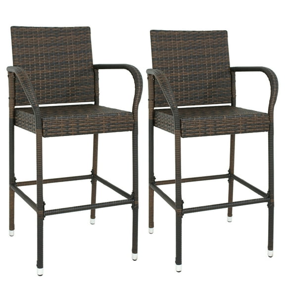 HomGarden 2PCS Wicker Bar Stool Outdoor Patio Rattan Chair W/Armrest & Footrest, Iron Fra,e. All- Weather Backyard Furniture, Brown