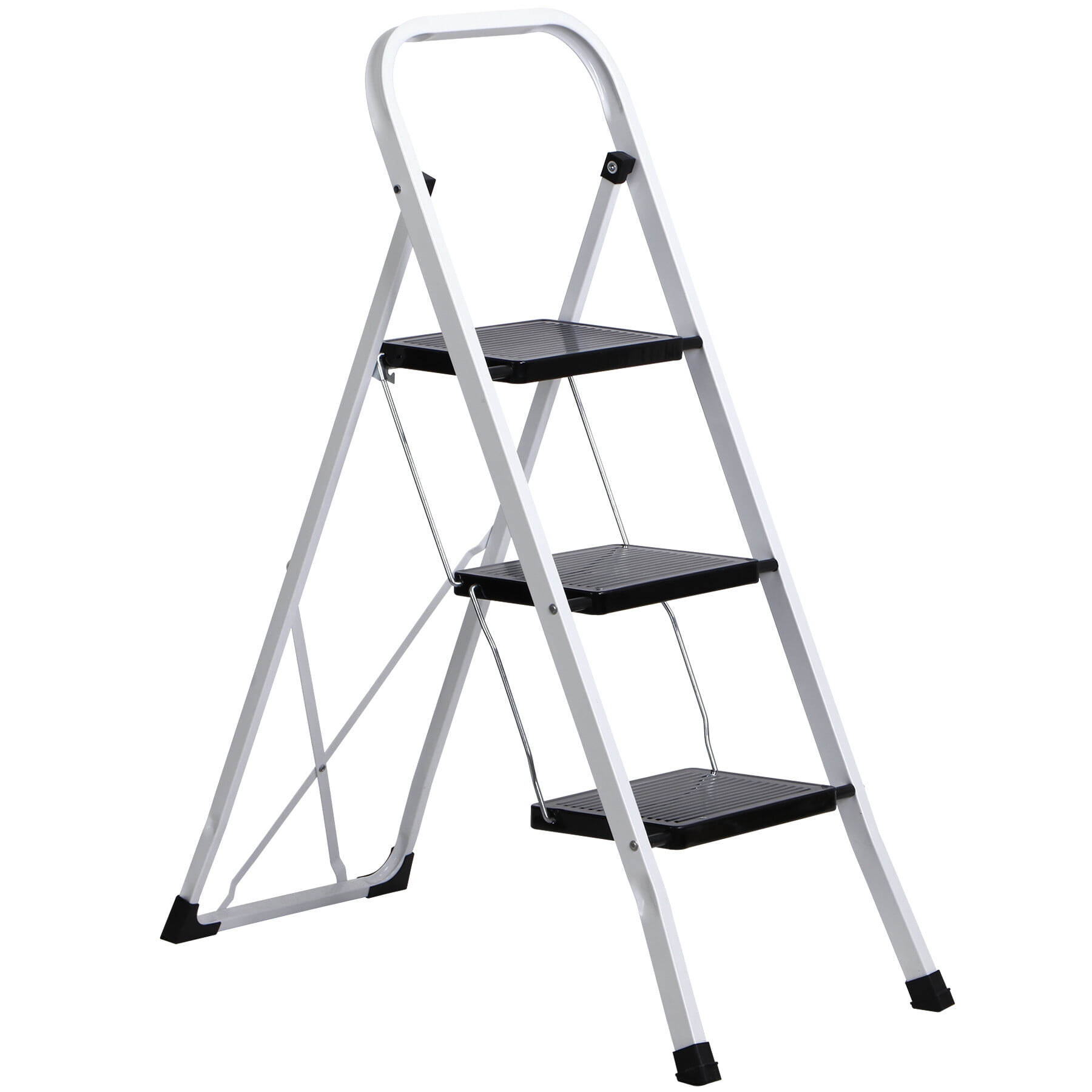 HomGarden 3-Step Ladder Folding Steel Step Stool with Handgrip, Wide Pedal Non-Slip Max 300 lbs, White