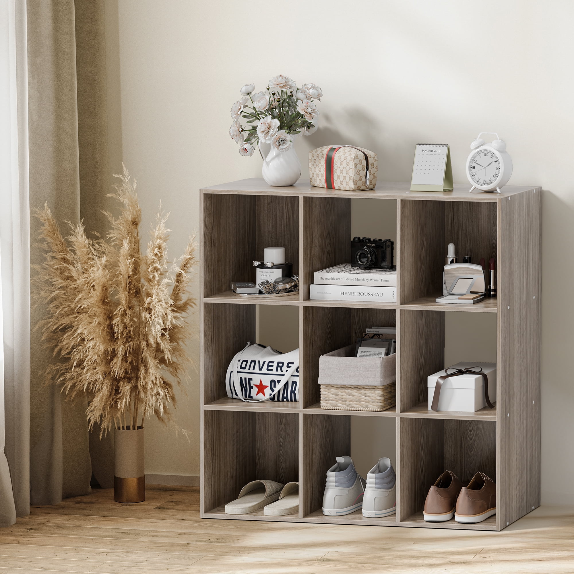 HomGarden 3-Tier 9 Cube Storage Organizer, Wood Bookcase Cabinet Bookshelf, Brown