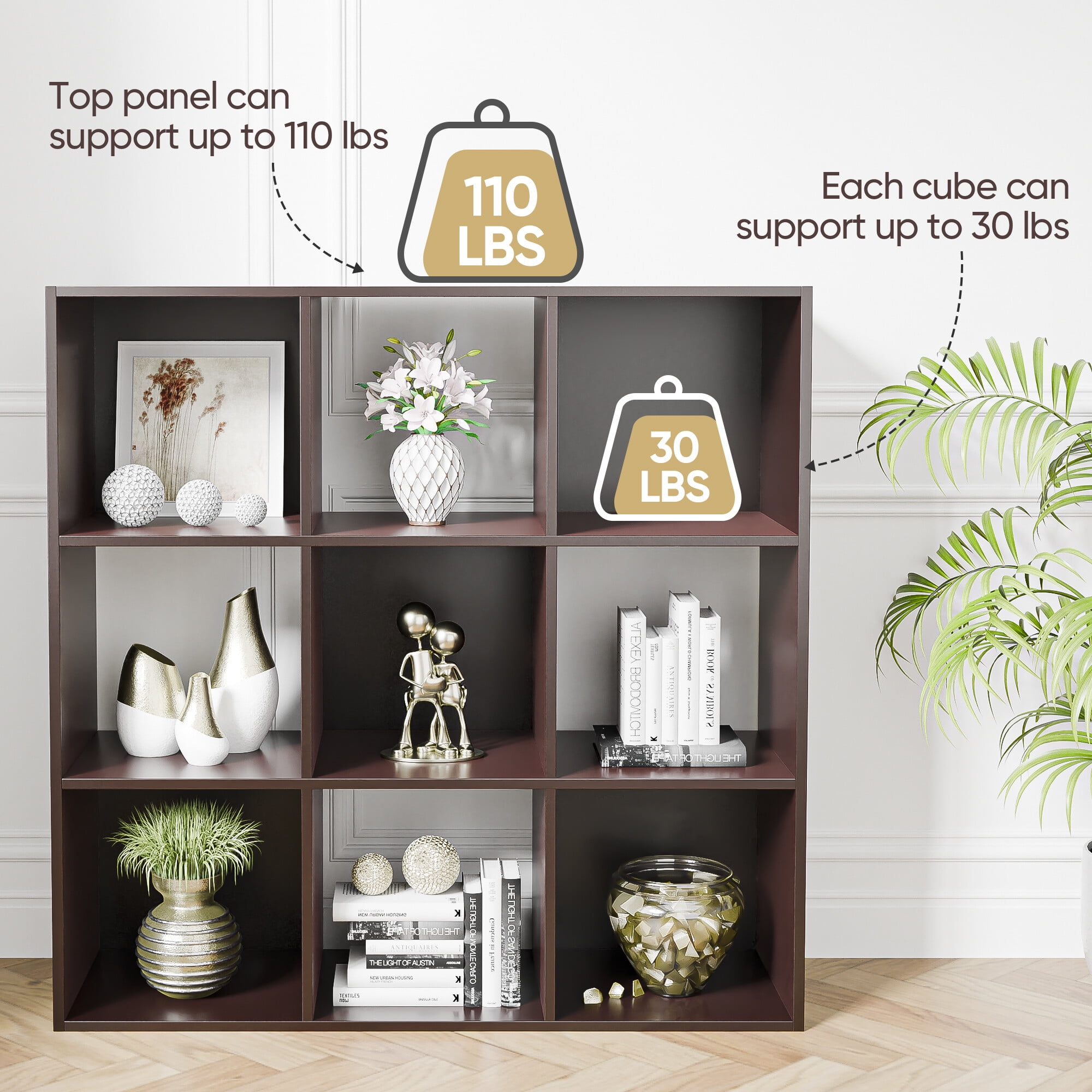HomGarden 3-Tier 9 Cube Storage Organizer, Wood Bookcase Cabinet Bookshelf Espresso