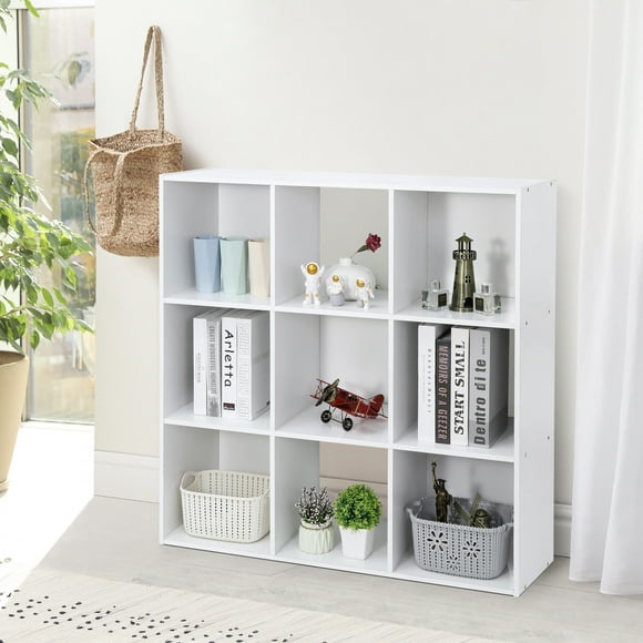 HomGarden 3-Tier 9 Cube Storage Organizer, Wood Bookcase Cabinet Bookshelf W/Back Panels - Home Office White