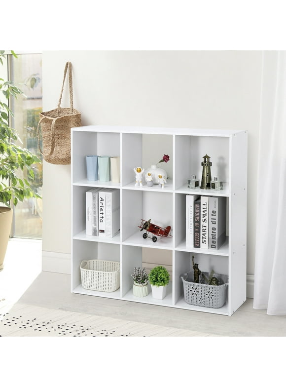 HomGarden 3-Tier 9 Cube Storage Organizer, Wood Bookcase Cabinet Bookshelf W/Back Panels - Home Office White