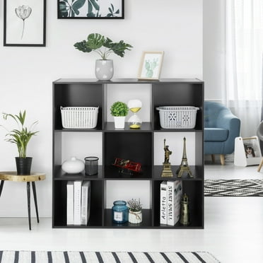 HomGarden 3-Tier 9 Cube Storage Organizer, Wood Bookcase Cabinet Bookshelf W/ Back Panels for Home, Office, Entryway, Living Room - Black