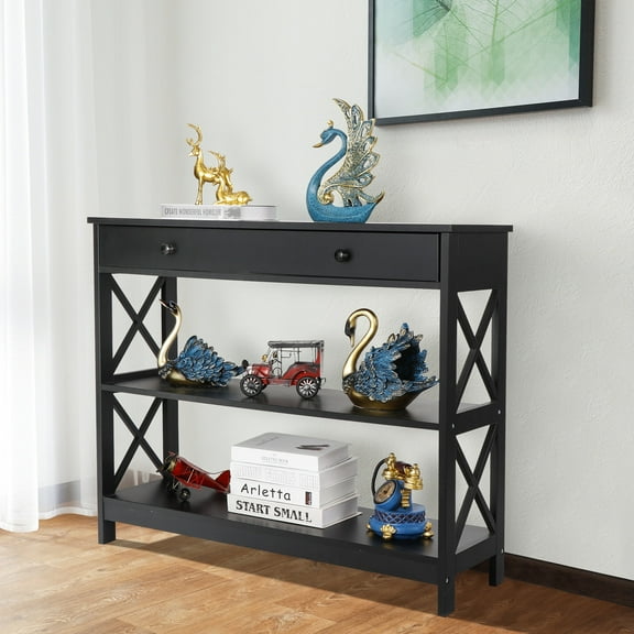 HomGarden 3-Tier Narrow MDF Console Table W/Drawer & Shelves, Modern Sofa Entryway Table, Black