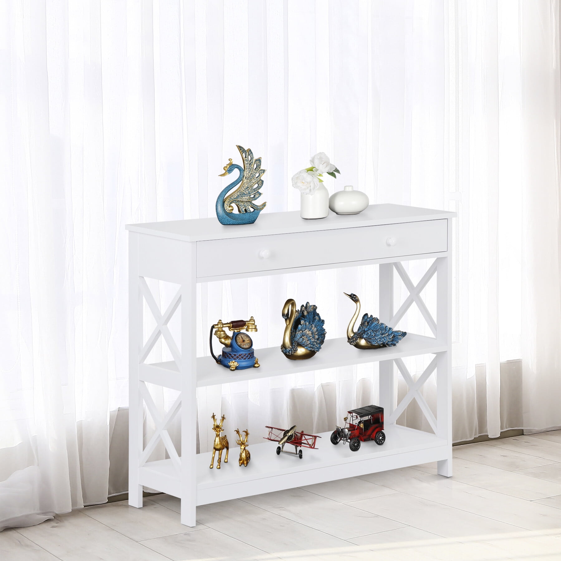 HomGarden 3-Tier Narrow MDF Console Table W/Drawer & Shelves, Modern Sofa Entryway Table, White