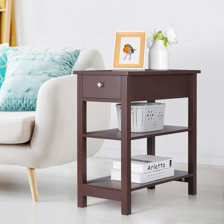 Yusong Small Narrow Side Table for Small Spaces, Slim End Table Magazine Table Nightstand with Storage Holder, Accent Skinny Snack Couch Bedside