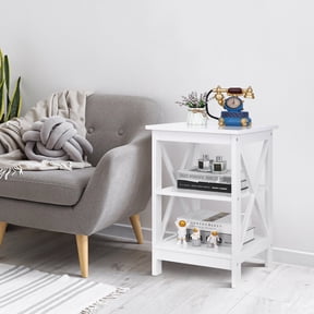 HomGarden 3-Tier Square End Table, MDF Sofa Side Table Storage Shelf, White