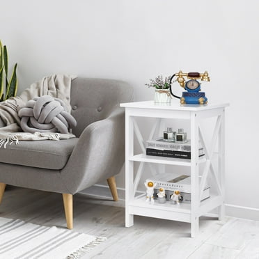 HomGarden 3-Tier Square End Table, MDF Sofa Side Table Storage Shelf, White