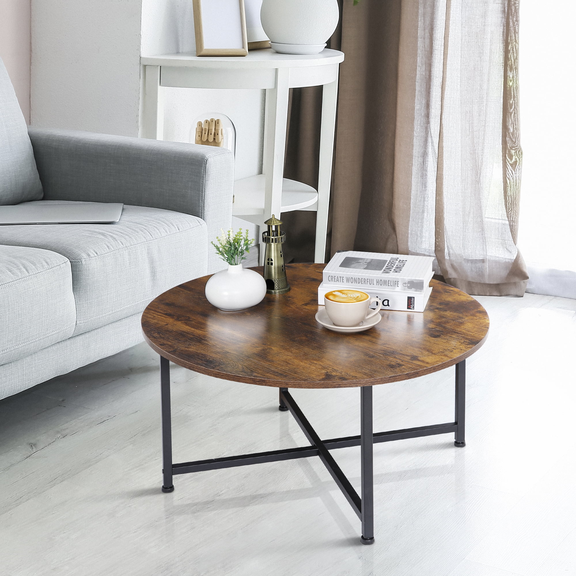 HomGarden Vintage 31.5 Inch Round Table with X Base Industrial Legs Sofa Side Rustic Brown Walmart