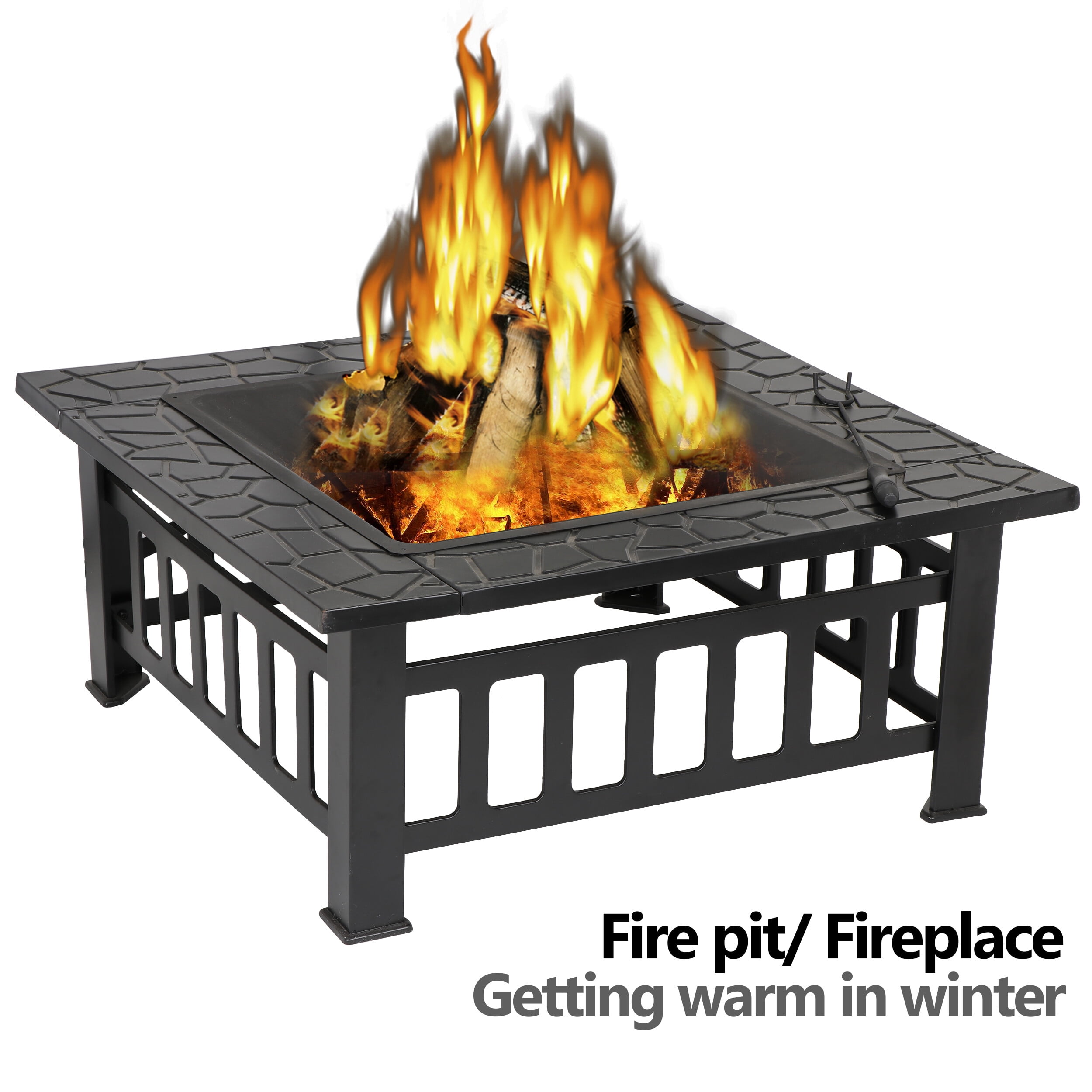 32'' Black Steel Wood Burning Fire Pit with Mesh Lid