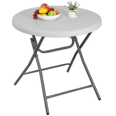 HomGarden 32" Round Picnic Folding Table 2.6FT Portable Compact Plastic Dining Card Table Indoor & Outdoor, White