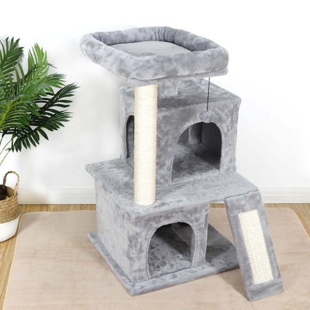 HomGarden 33.5''H Small Cat Tree Condo Soft Cat Tower W/Scratching Post & Top Perch, Gray
