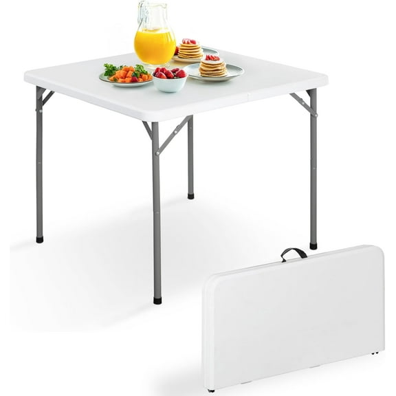 HomGarden 34 inch Fold in Half Square Table, Bi-Folding Picnic Table, Portable Plastic Dining Card Table with Carrying Handle for Kitchen Office Outdoor Party Wedding Camping, White
