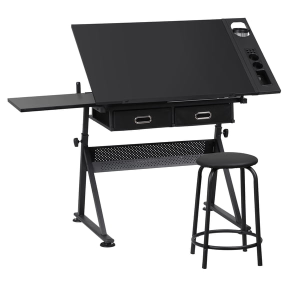 HomGarden 35.8-in Adjustable MDF Drafting Drawing Table Tiltable Steel Frame W/Stool Indoor, Black