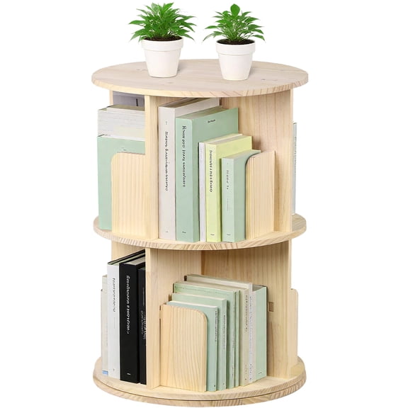 HomGarden 360 Rotating Round Bookshelf, 2-Tier Pine Wood Corner Spinning Bookcase Small Floor Standing Organizer for Bedroom, Living Room, Natural