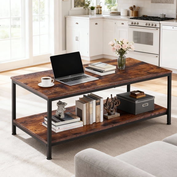 HomGarden 39.4" Modern Rectangle 2-Tier Coffee Table Wood Cocktail Table Home Office, Rustic Brown