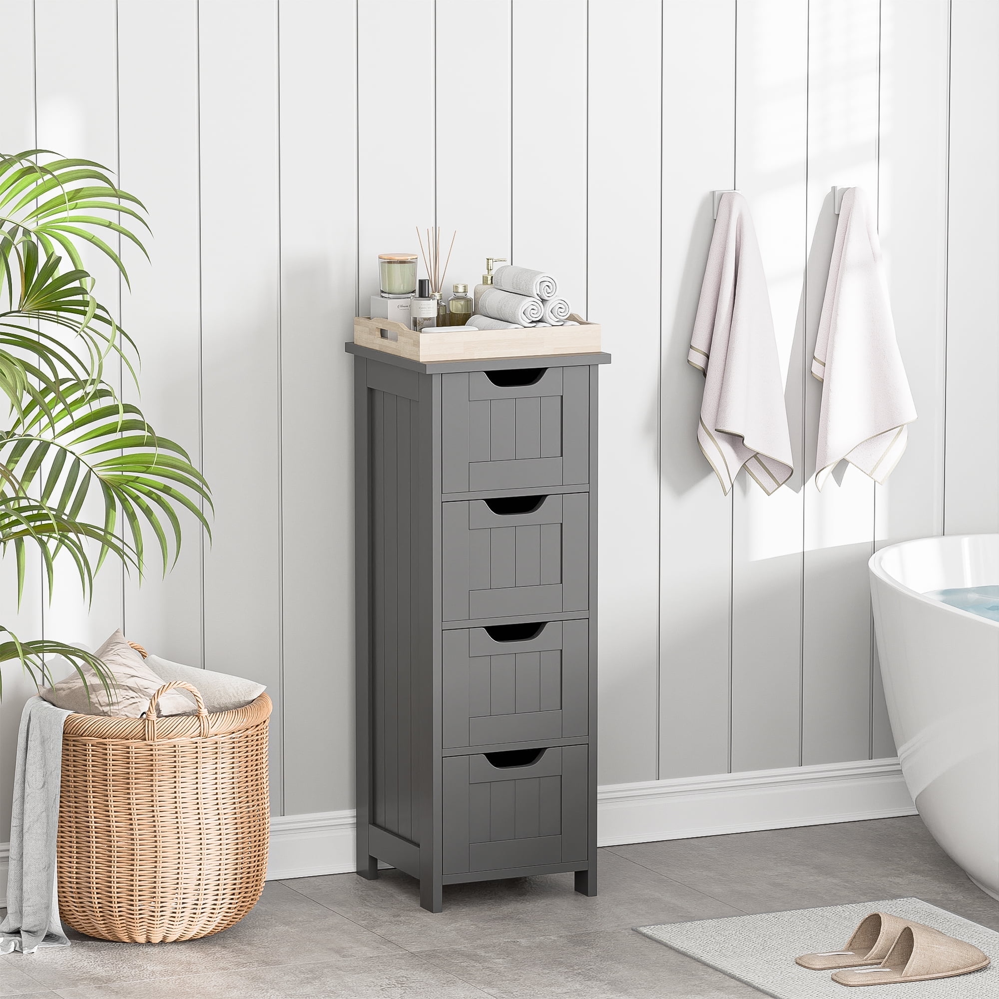HomGarden 4 Drawers Bathroom Storage Cabinet Narrow Floor Side Cabinet for Home Kitchen Dining Room, Gray