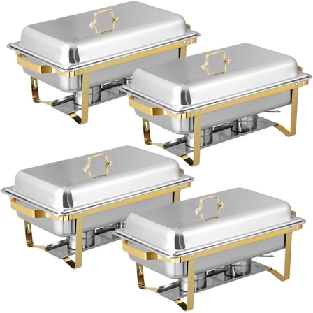 HomGarden 4 pack Chafing Dishes 8QT Catering Chafer Set Stainless Steel Food Warmers Gold & Silver Foldable Frame with Lid, Pans & Fuel Holders for Buffet, Parties, Weddings