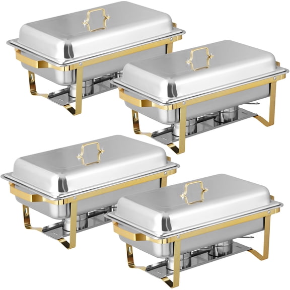 HomGarden 4 pack Chafing Dishes 8QT Catering Chafer Set Stainless Steel Food Warmers Gold & Silver Foldable Frame with Lid, Pans & Fuel Holders for Buffet, Parties, Weddings