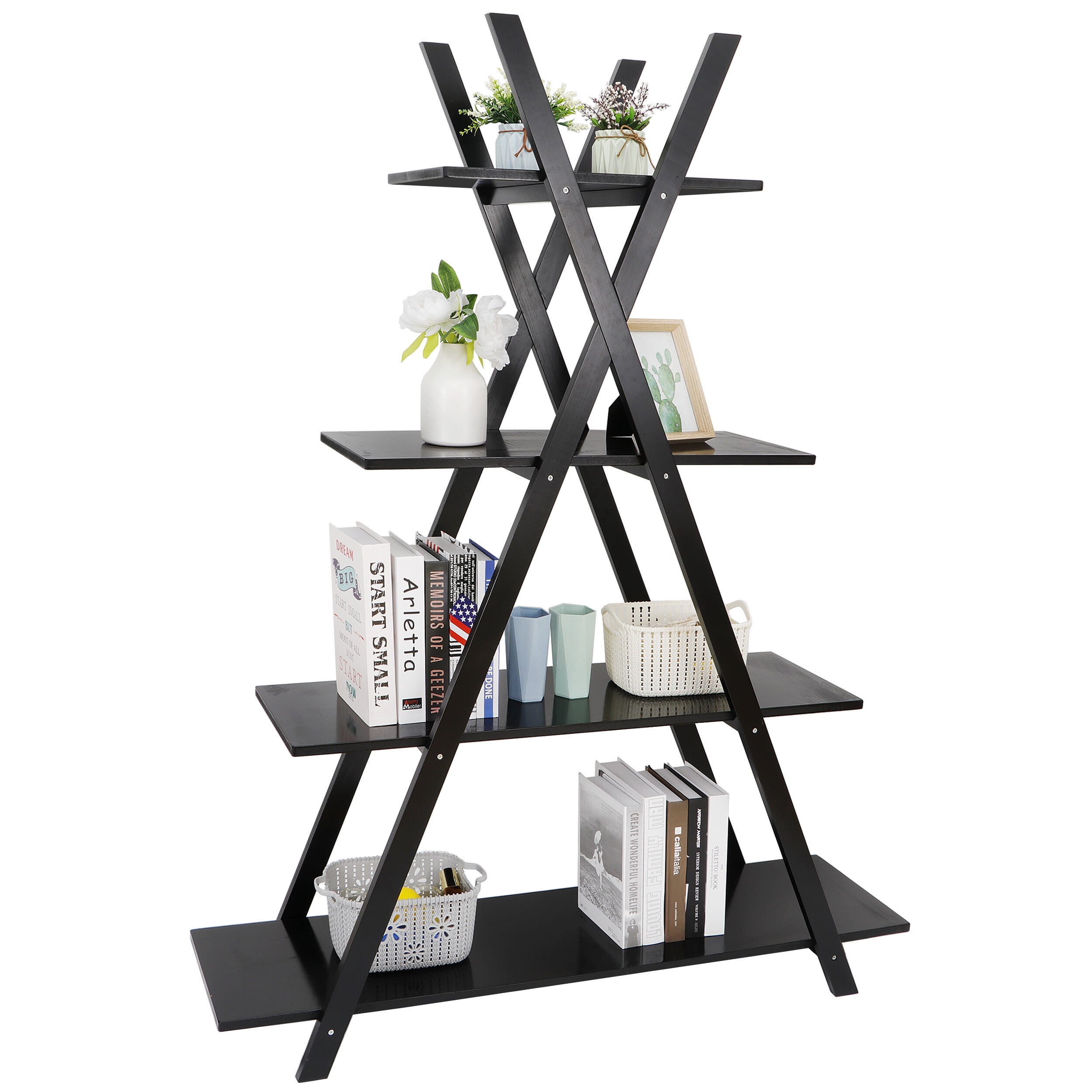 HomGarden 4-Shelves Open Bookcase, A-Frame Ladder Bookshelf Home Black