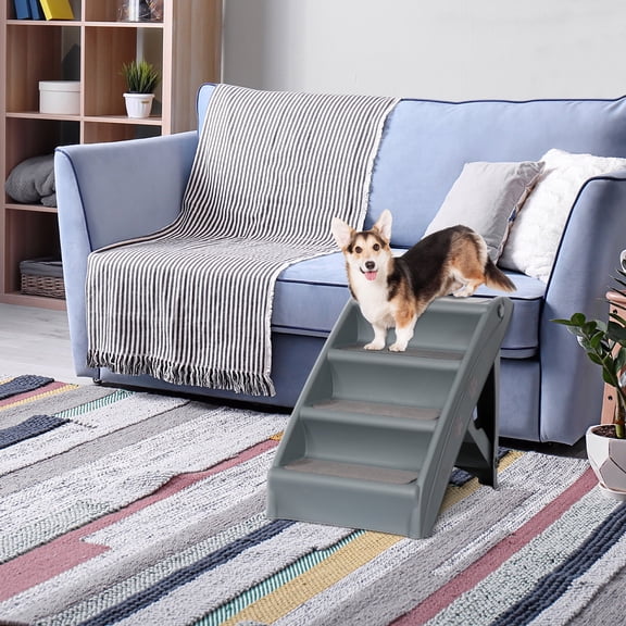 HomGarden 4 Step Non-Slip Pet Stairs Foldable Steps for Small Dog W/Washable Carpets,Gray