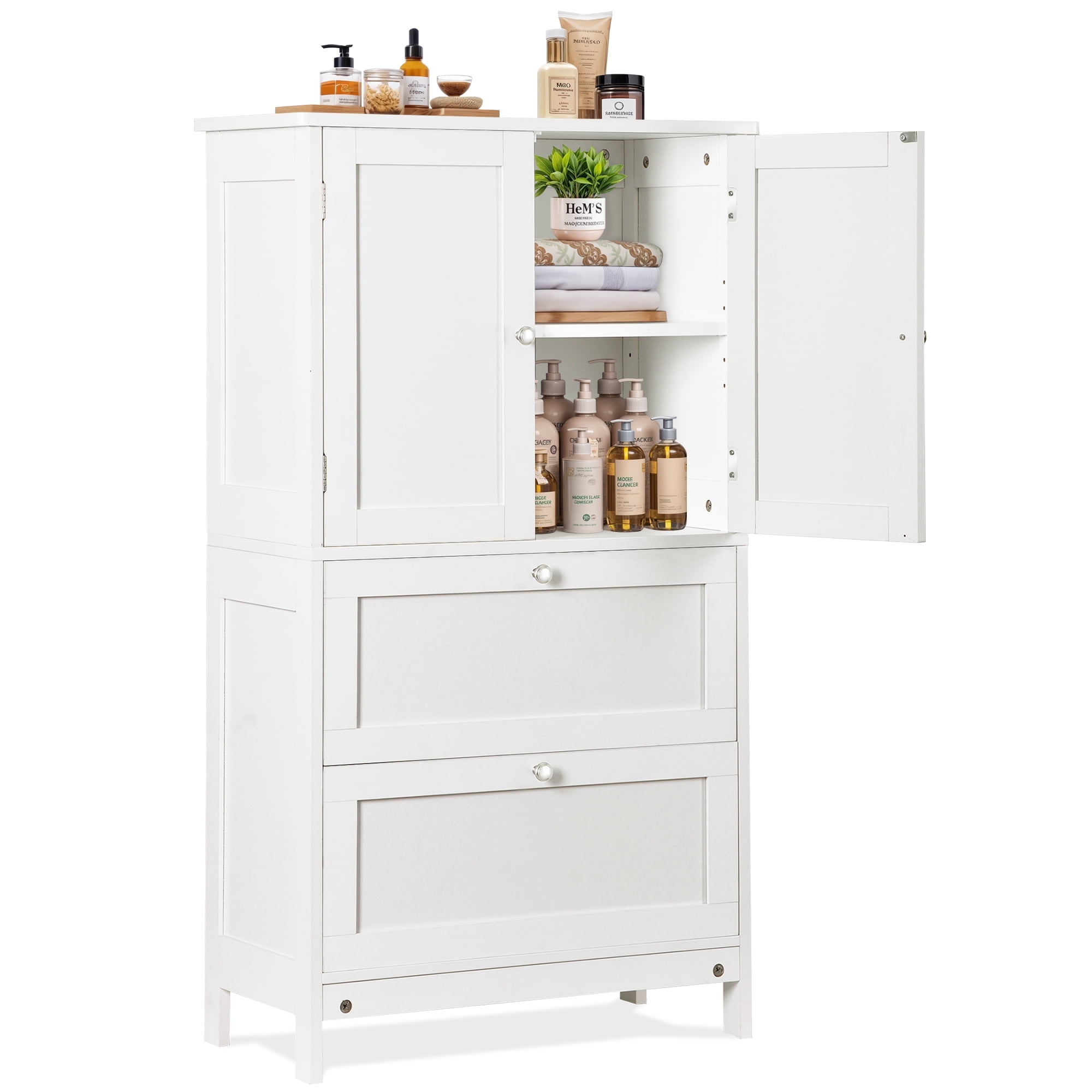 HomGarden 4-Tier White Bathroom Cabinet Adjustable Floor Storage Organizer W/2 Drawers & 2 Doors for Bathroom, Living Room, Kitchen