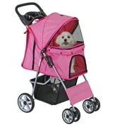 HomGarden 4 Wheel Small Pet Dog Stroller Foldable Cart Max 33lbs W/Storage Basket & Cup Holder, Pink