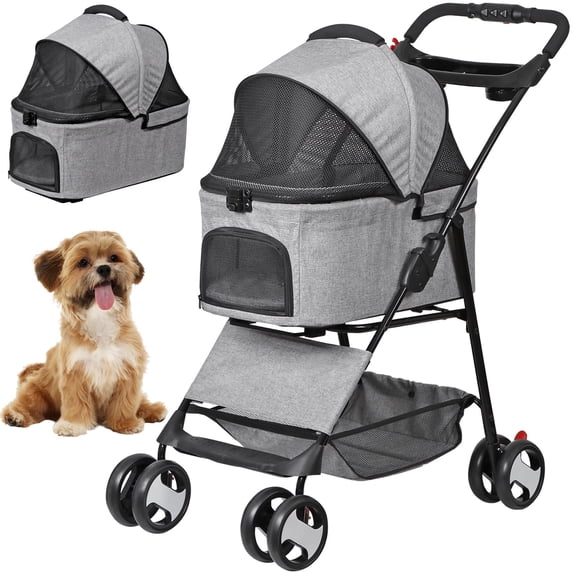 HomGarden 4 Wheels 3-in-1 Foldable Pet Dog Stroller W/Detachable Carrier for Small Dog Cat Max.44 lbs, Gray