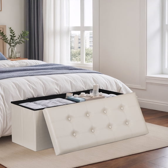 HomGarden 43'' Ottoman with Storage Bench Faux Leather Foldable Foot Stool 660lbs W/Divider, Light Beige