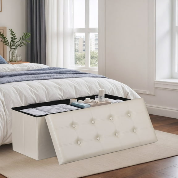 HomGarden 43'' Ottoman with Storage Bench Faux Leather Foldable Foot Stool 660lbs W/Divider, Light Beige