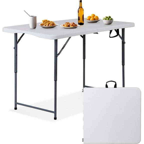 HomGarden 4FT Plastic Folding Fold-in-Half Table, Heignt Adjustable Portable Indoor Outdoor Heavy Duty Utility Table for Puzzles Crafting Picnic Camping Dining Party, White