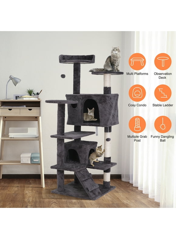 HomGarden 55''H Multi-Level Cat Tree Condo W/Scratching Post Tower & Perch, Play House Dark Gray