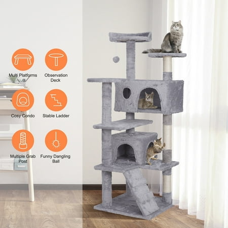 HomGarden 55''H Multi-Level Cat Tree Double Condo Scratching Post Tower, Light Gray