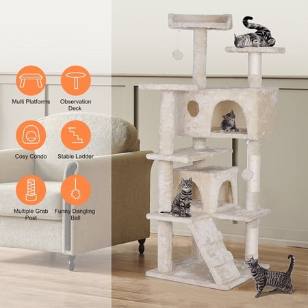 HomGarden 55'' Multi-Level Cat Tree Condo Cat Tower W/Scratching Posts & Plush Perch, Beige
