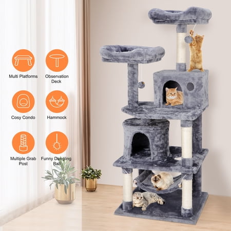 HomGarden 57''H Multi-Level Cat Tree Condo Soft Cat Tower W/Scratching Posts & Hammock, Gray