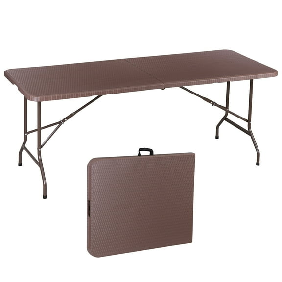 HomGarden 6 Foot Folding Table for Indoor Outdoor Plastic HDPE Table Camping Party Card Picnic Steel Frame W/Handle, Brown
