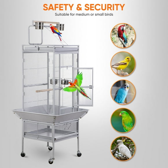 HomGarden 61-in 2in1 Large Rolling Bird Cage Iron Frame W/Perches & Play Top for Parrot Bird White