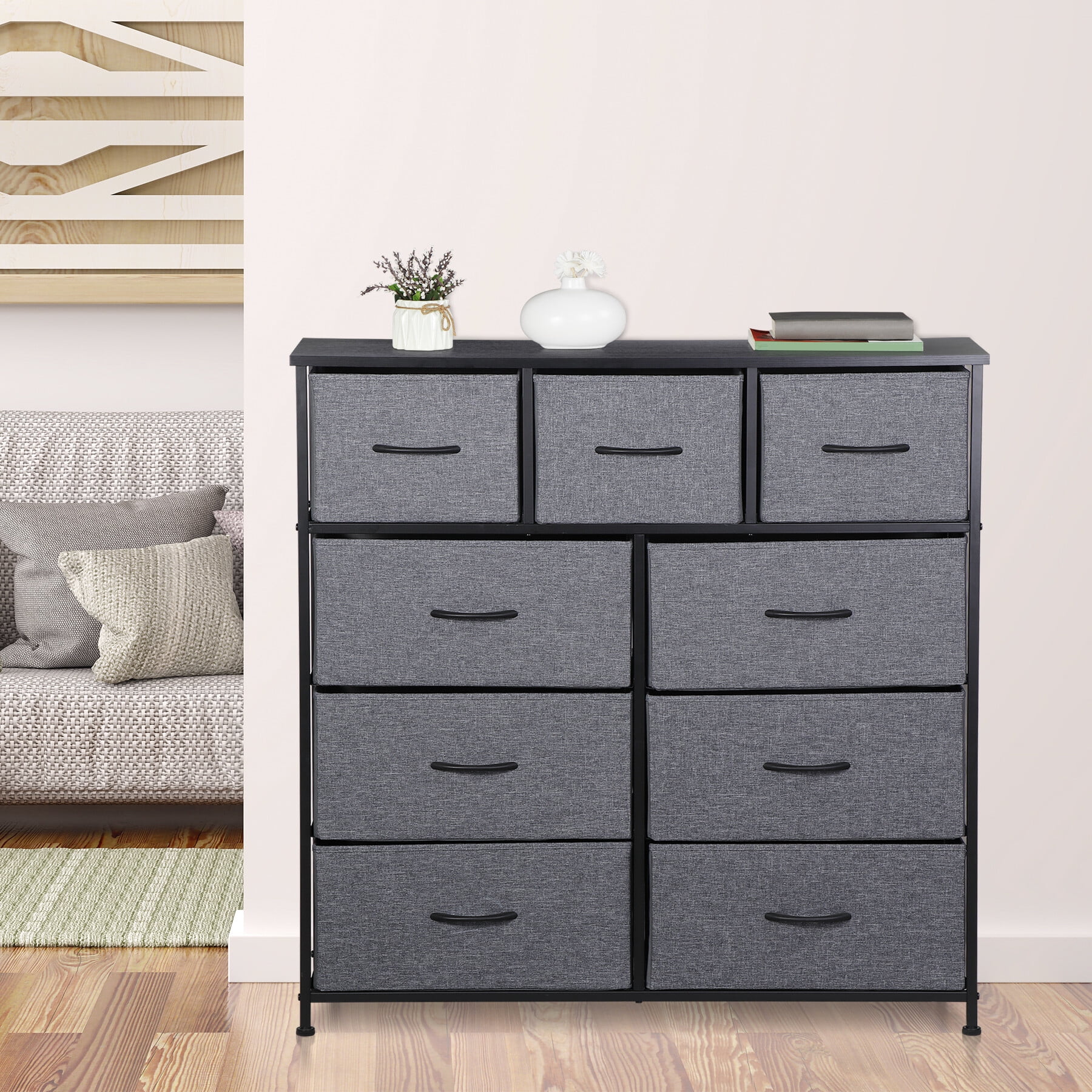 Gray Tall Fabric Dresser with 9 Drawers for Bedroom