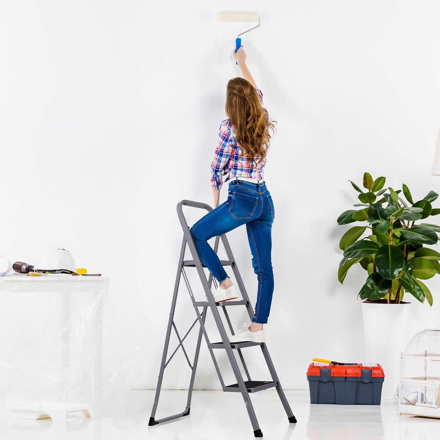 HomGarden Anti-Slip Folding 4-Step Ladder with Handgrip, 38 in, Steel and PP Gray