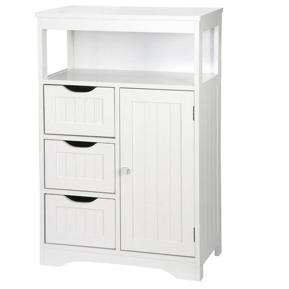 HomGarden Bathroom Floor Storage Cabinet Modern White Wooden Kitchen Cupboard W/Adjustable Shelf & 3 Drawers