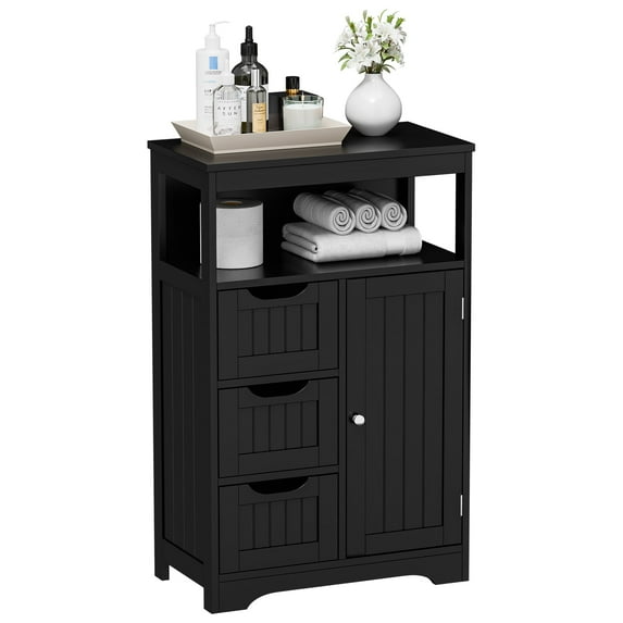 HomGarden Bathroom Floor Storage Cabinet Modern Wooden Kitchen Cupboard W/Adjustable Shelf & 3 Drawers, Black