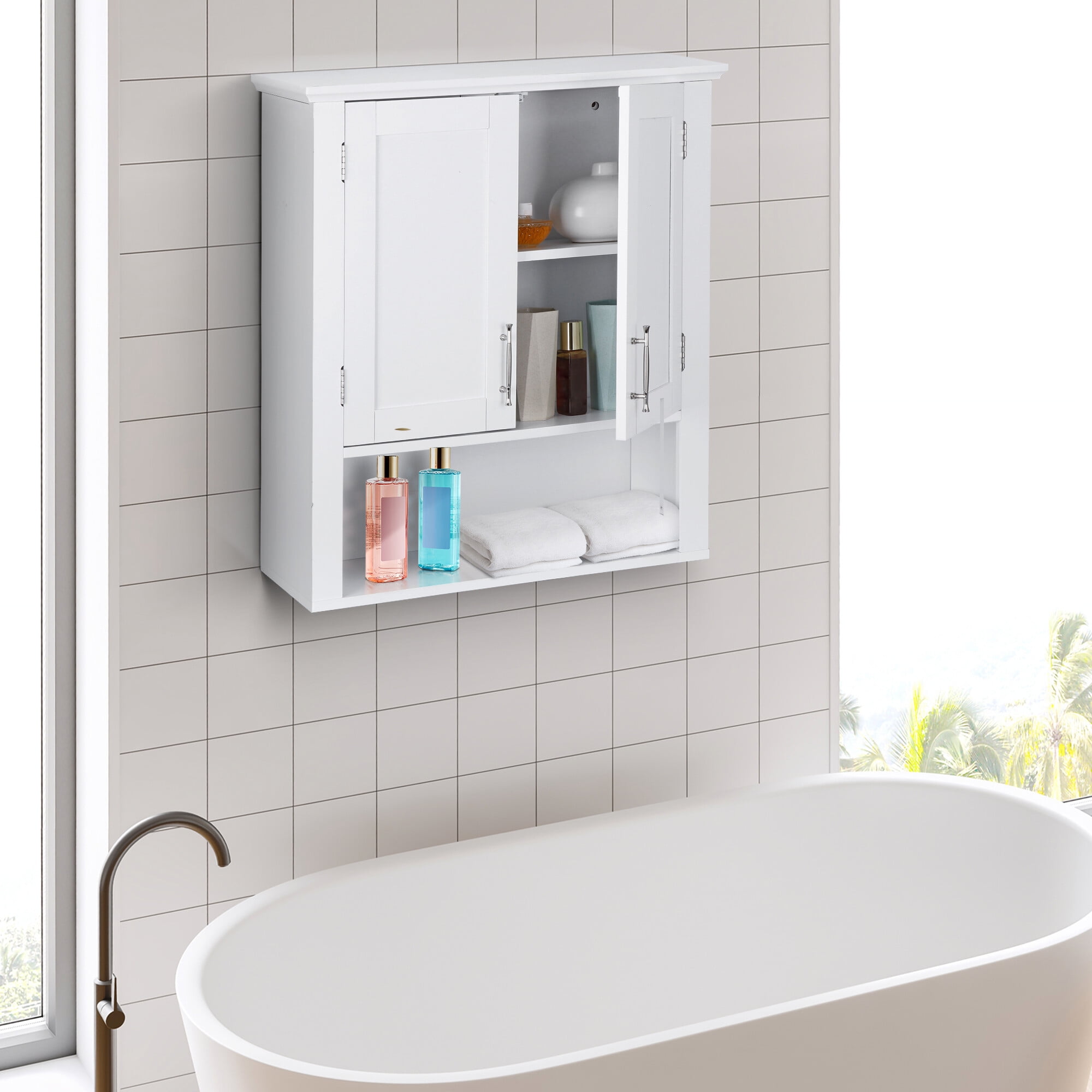HomGarden Bathroom Wall Cabinet, Medicine Storage Cabinet W/Adjustable Shelves, White